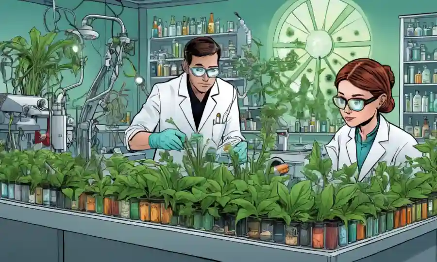 Investigadores científicos que examinan muestras en tubos de laboratorio rodeados de plantas simbióticas y otros organismos.