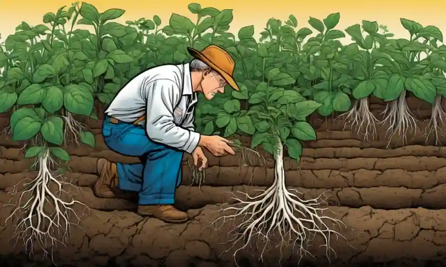 Un agricultor examina las raíces de las plantas junto con los diagramas científicos, destacando las relaciones simbióticas.