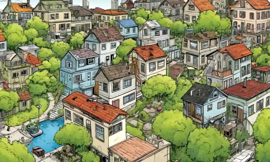 Ilustración de paisaje urbano destacando relaciones simbióticas innovadoras entre edificios, naturaleza y comunidades.