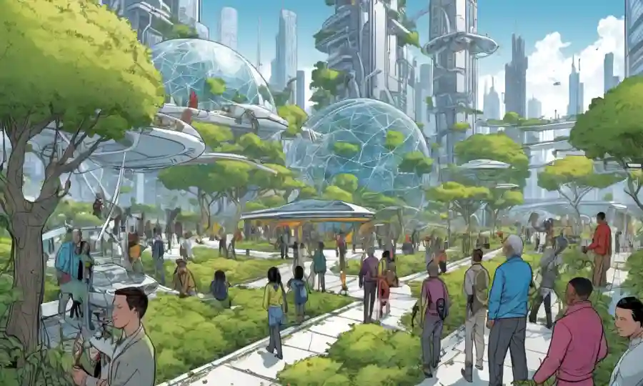 Gente de diferentes edades y profesiones se reunieron alrededor de un futurista paisaje urbano con nudos interconectados y vegetación.