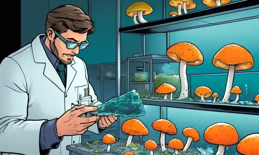 Un científico que examina muestras de hongos en un entorno de laboratorio sostenible.