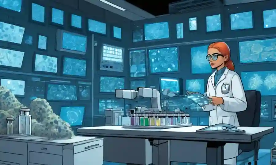 Microbiólogo que estudia muestras de hongos en un laboratorio, rodeado de equipos futuristas y pantallas que muestran datos.