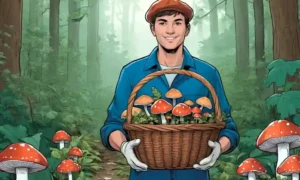 Una persona que llevaba guantes sosteniendo una cesta de setas frescas en medio del follaje forestal.