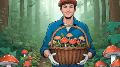 Una persona que llevaba guantes sosteniendo una cesta de setas frescas en medio del follaje forestal.