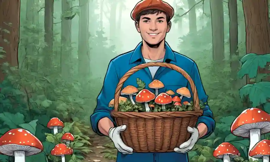 Una persona que llevaba guantes sosteniendo una cesta de setas frescas en medio del follaje forestal.