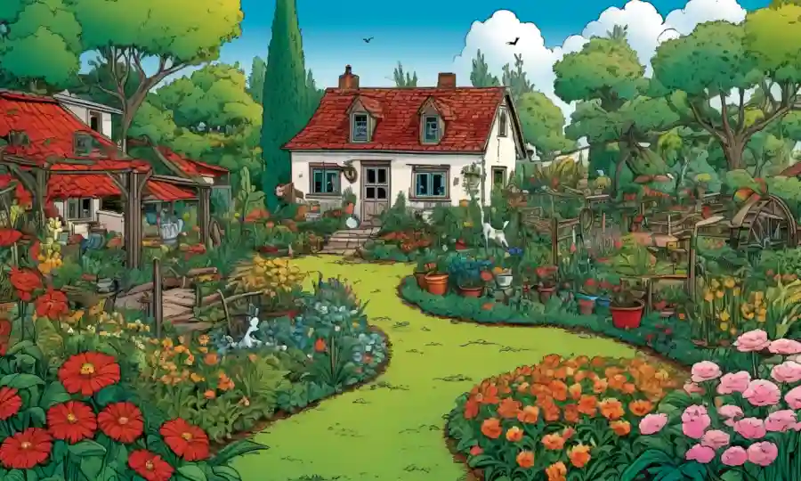 Un jardín con diversas plantas rodeadas de elementos naturales, simbolizando prácticas agrícolas tradicionales y relaciones simbióticas.