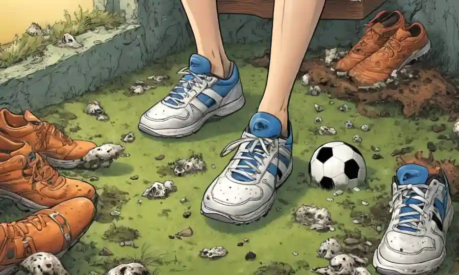 Un jugador deportivo que intenta en diferentes zapatos rodeado de crecimientos fúngicos en fondos atléticos.