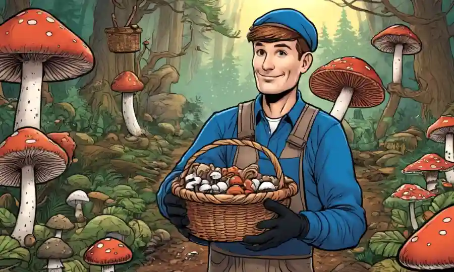 Un experto en hongos usando guantes y sosteniendo una canasta, rodeado de diversos tipos de hongos en un entorno forestal.