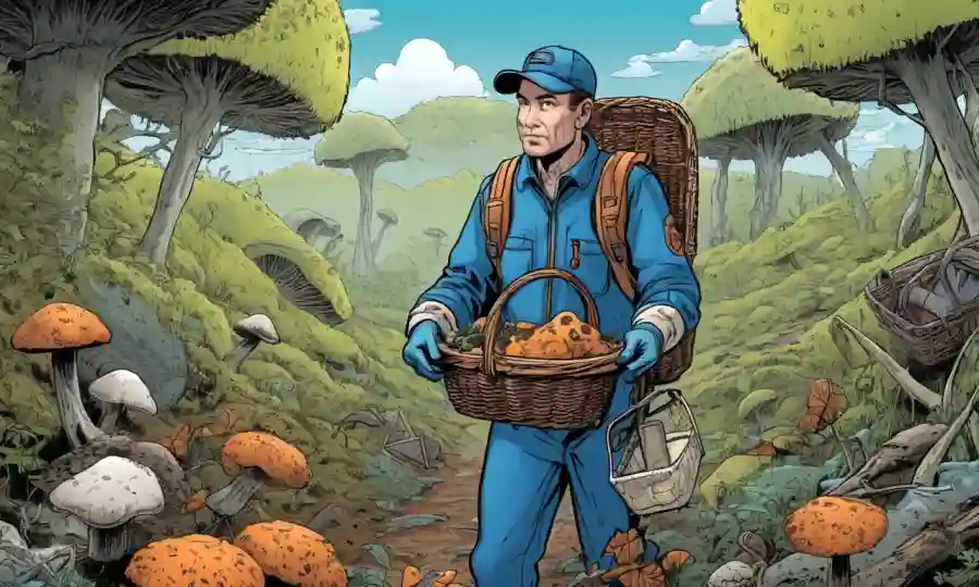 Una persona que lleva guantes y sostiene una canasta en medio de la naturaleza, rodeada de equipos y herramientas de seguridad relacionados con hongos.