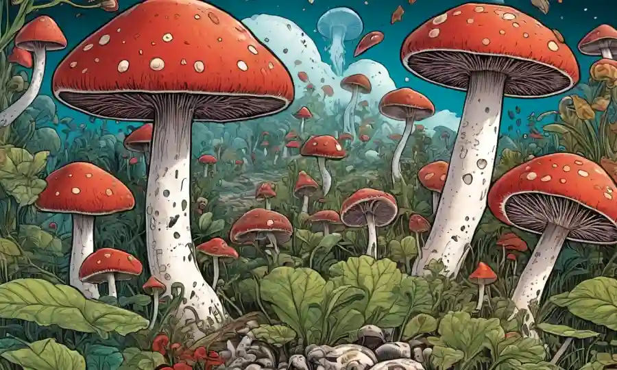 Un hongo creciendo en medio de ilustraciones de órganos corporales, destacando sus potenciales beneficios para la salud en humanos.