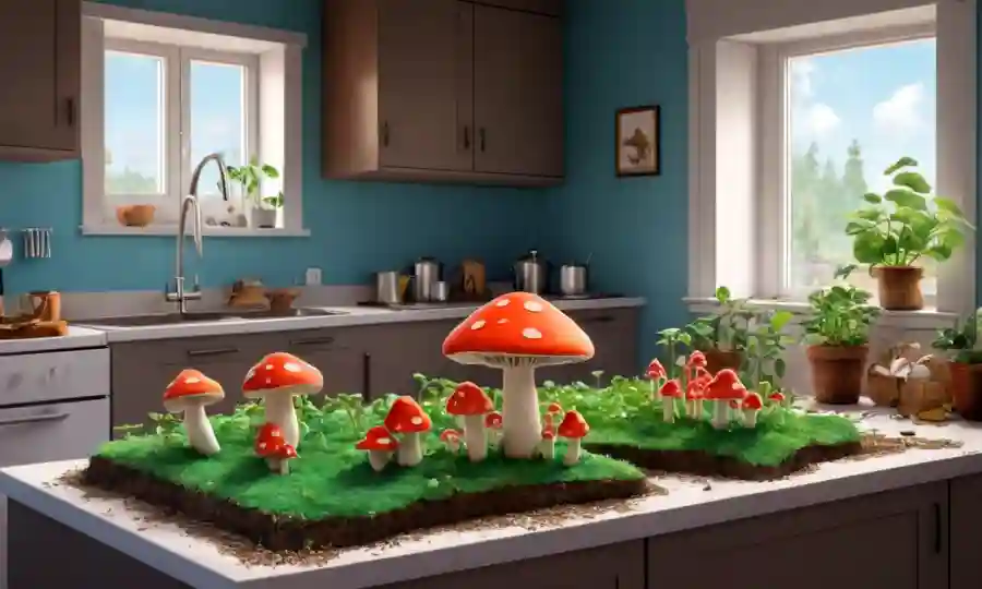 Setas creciendo en un sustrato casero en un ambiente acogedor de cocina.