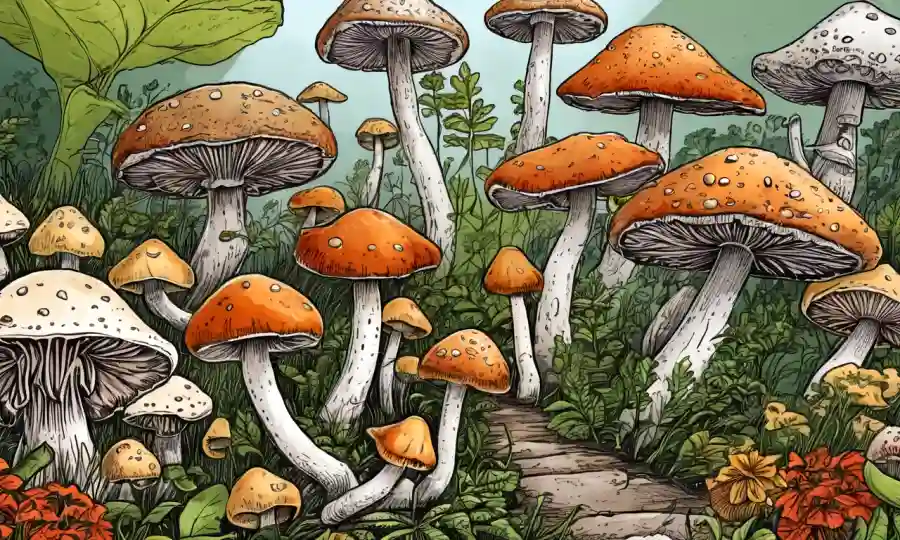 Varios hongos con información nutricional y beneficios para la salud mostrados alrededor de ellos.