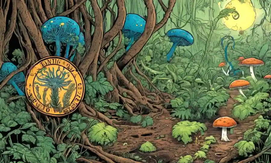Ilustración de plantas con hongos o bacterias que crecen dentro de ellas, rodeada de un símbolo de advertencia para la pérdida de diversidad endofilética.