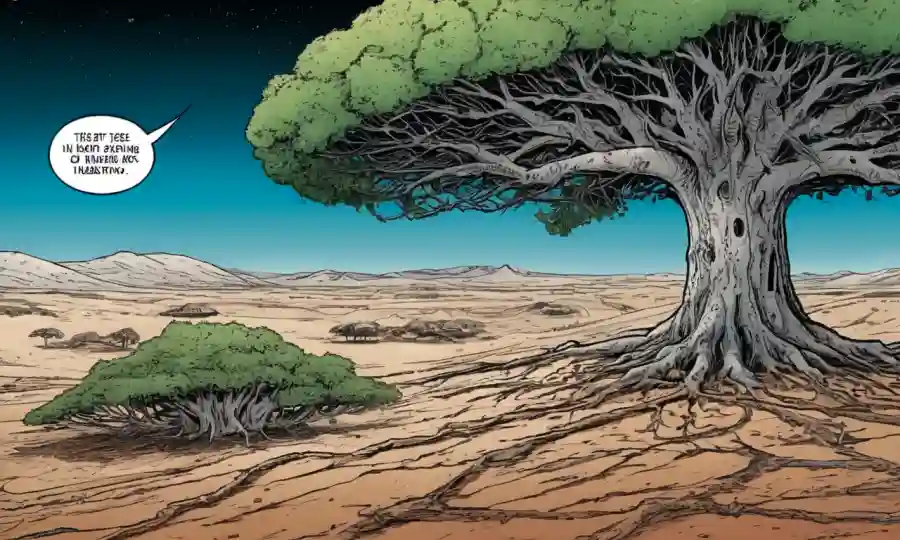 Un árbol que pierde sus conexiones fúngicas en medio de un paisaje estéril con superposiciones de texto discutiendo la pérdida de diversidad.
