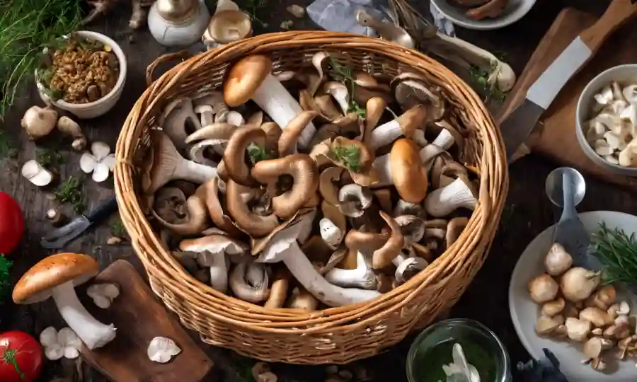 Un chef soberbiamente sosteniendo un hermoso plato hecho con setas frescas, con utensilios de cocina e ingredientes en el fondo.