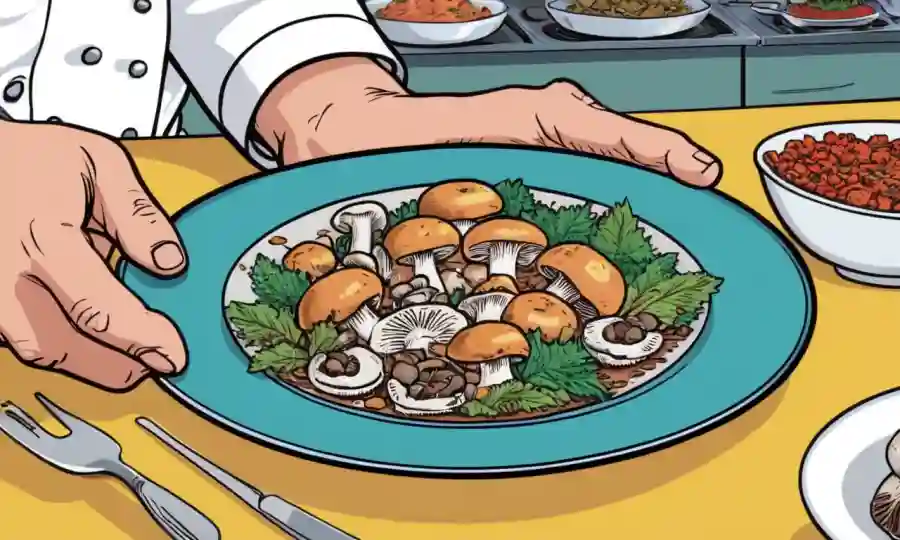 Las manos inspeccionan hongos frescos en un entorno de cocina rústica.