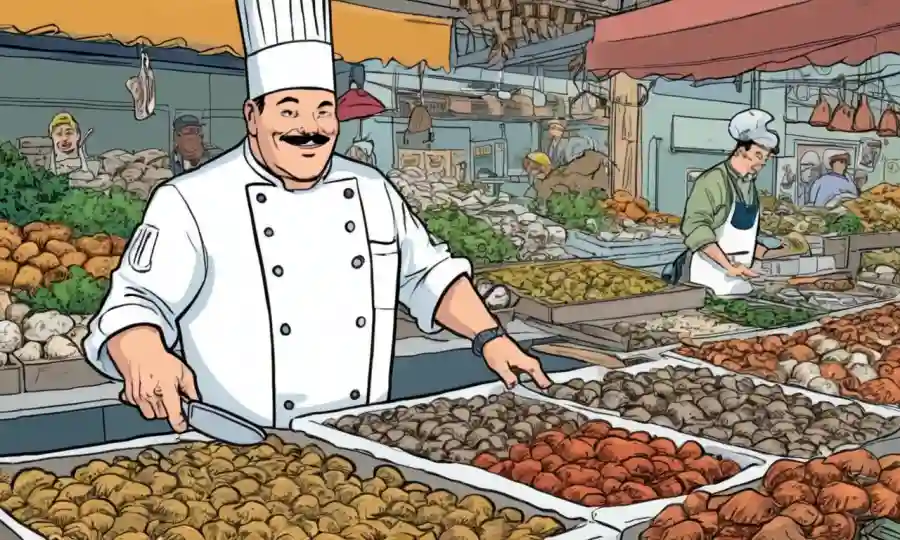 Las manos de los chefs preparan un plato gourmet con hongos frescos y diversos adornos artísticos.