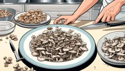 Setas frescas que se pican en un mostrador de cocina con un elegante preparación de platos.