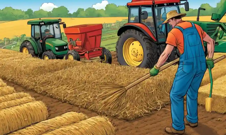 Un agricultor mezcla la paja con otros componentes para crear un sustrato óptimo para la plantación.