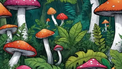 Setas coloridas creciendo en medio de follaje exuberante en varios ecosistemas.