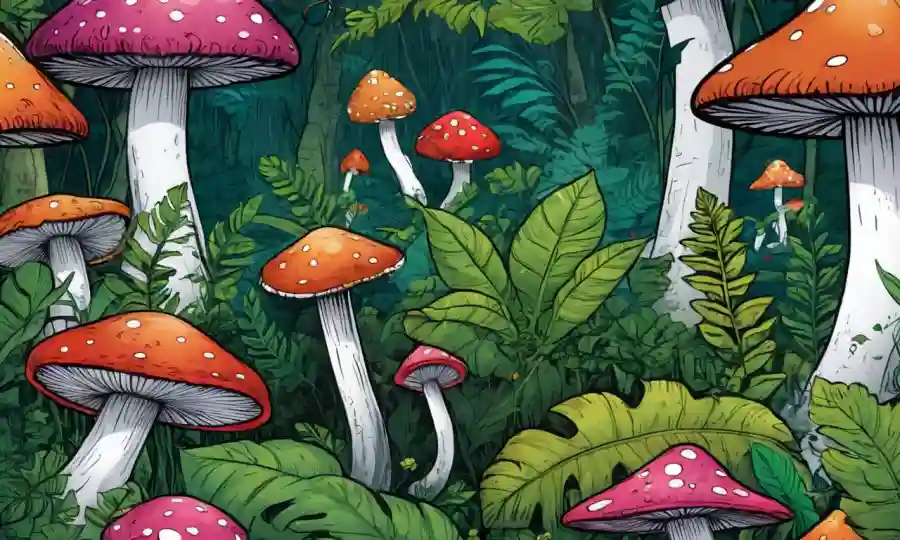 Setas coloridas creciendo en medio de follaje exuberante en varios ecosistemas.