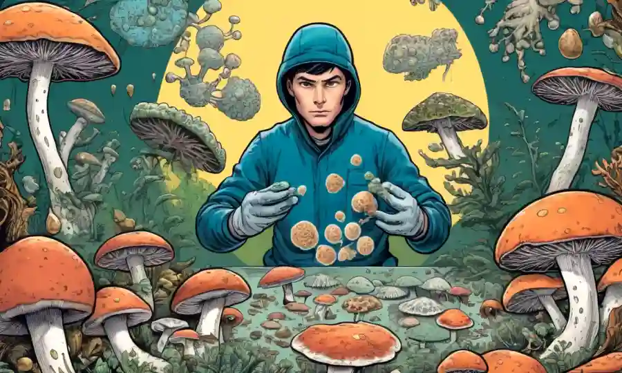 Persona que lleva guantes y sostiene medicamentos antifúngicos rodeados de ilustraciones de crecimiento de hongos.