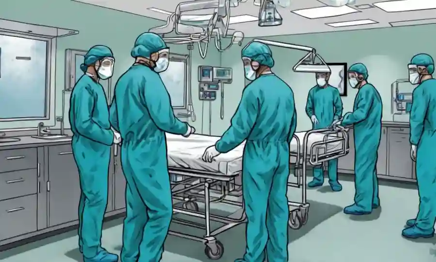 Los profesionales médicos que usan trajes PPE que rodean el equipo hospitalario para prevenir infecciones fúngicas.