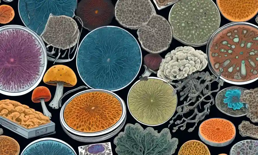 Un microscopio o plato petri con varios tipos de hongos bajo examen.