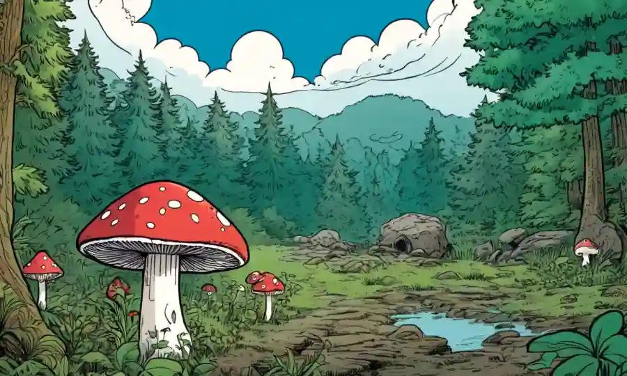 Un cultivo de hongos rodeado de naturaleza limpia con gráficos que abusan del mito cerca.