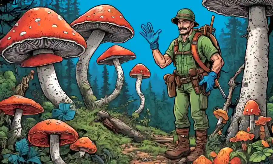 Un cazador de hongos usando guantes entre coloridos y venenosos avisos de hongos en texto español.