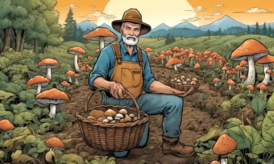 Agricultor o experto que tiene una cesta de setas comestibles en medio de diversos equipos de cultivo.