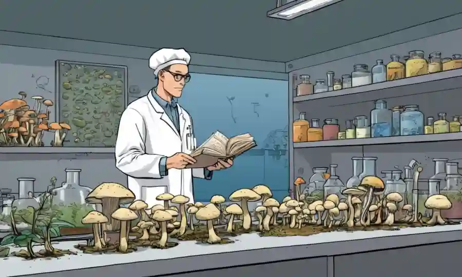Persona conteniendo varias especies de hongos y notas en un entorno de laboratorio.