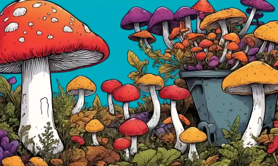 Las manos sostienen un kit de cultivo de hongos junto a una cosecha de setas coloridas.