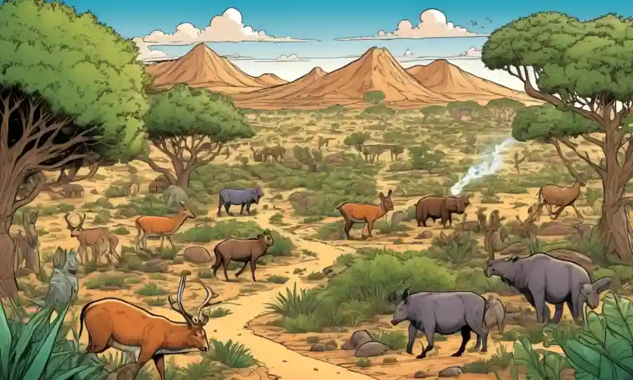 Varios ecosistemas (forest, pastizales, desiertos) con vegetación y animales prosperando, rodeados de diagramas de principios de biomasa sostenibles.
