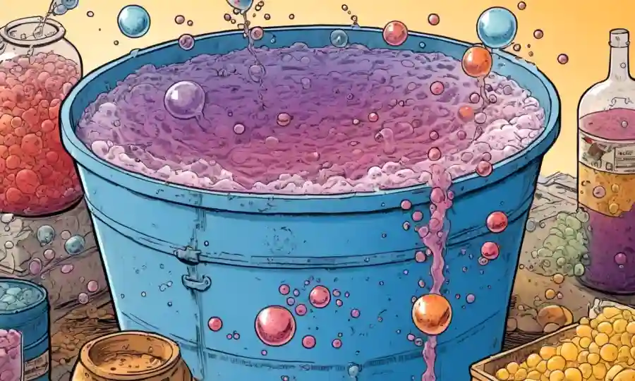Bubbles que crecen en un jarrón de alimentos fermentados entre microorganismos y diagramas.