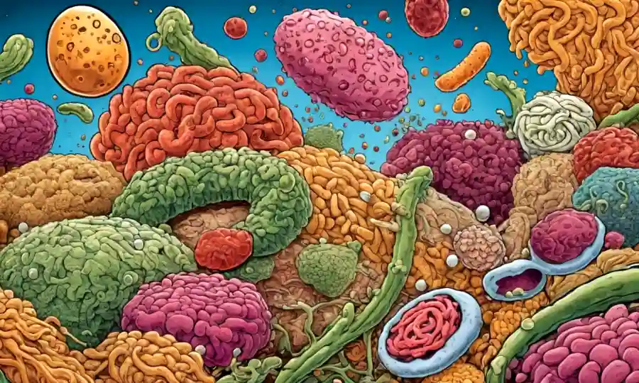 Una ilustración científica de bacterias intestinales en armonía con alimentos fermentados.