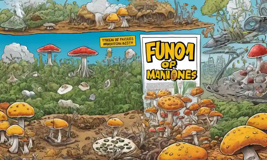 Una imagen de microscopio de hongos que afectan a los alimentos junto con gráficos de producción de alimentos y señales de advertencia.