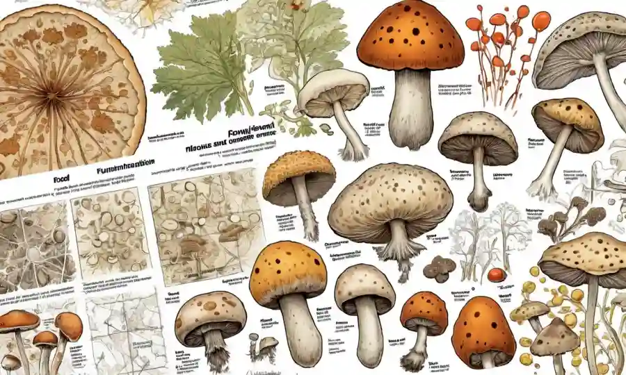 Imágenes microscópicas de hongos junto a gráficos y gráficos que ilustran los problemas de contaminación alimentaria.