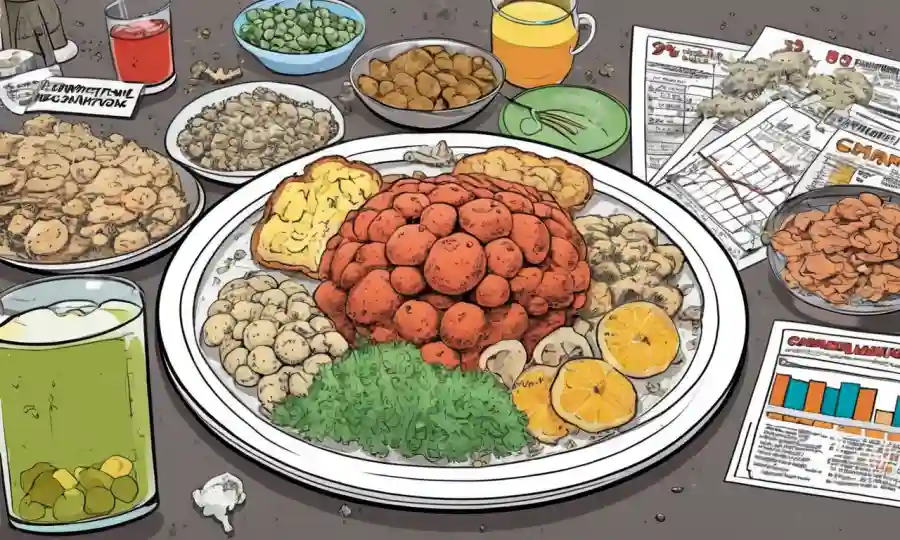 Un plato con comida estropeada rodeado de gráficos y estadísticas sobre contaminación fúngica.