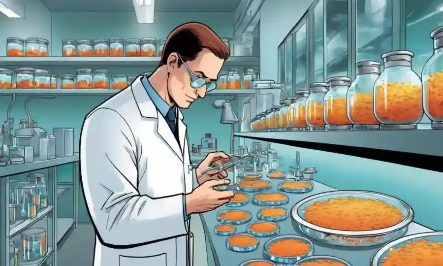 Un científico que inspecciona las culturas de hongos en platos petri dentro de un entorno de laboratorio.