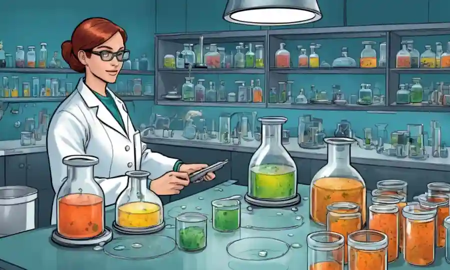 Científico realizando experimentos sobre platos petri que contienen culturas fúngicas y diversos equipos de laboratorio.