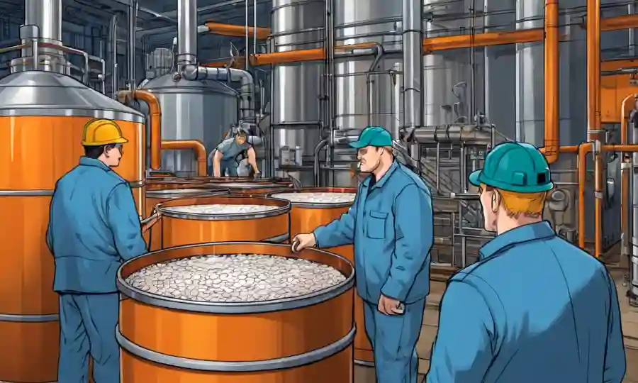 Trabajadores de la cervecería monitorean cubas de cerveza fermentadora en un centro industrial.