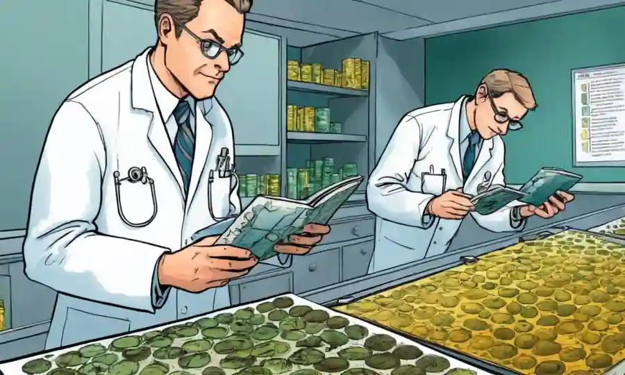 Científicos del laboratorio que examinan muestras de biomasa fúngica y diagramas de datos.