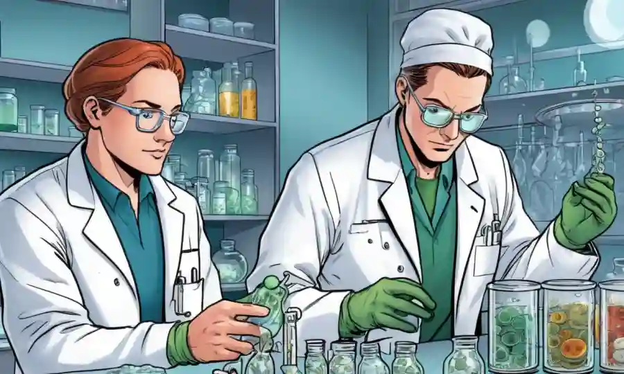 Científicos en capas de laboratorio que examinan platos petri que contienen varias especies de molde.
