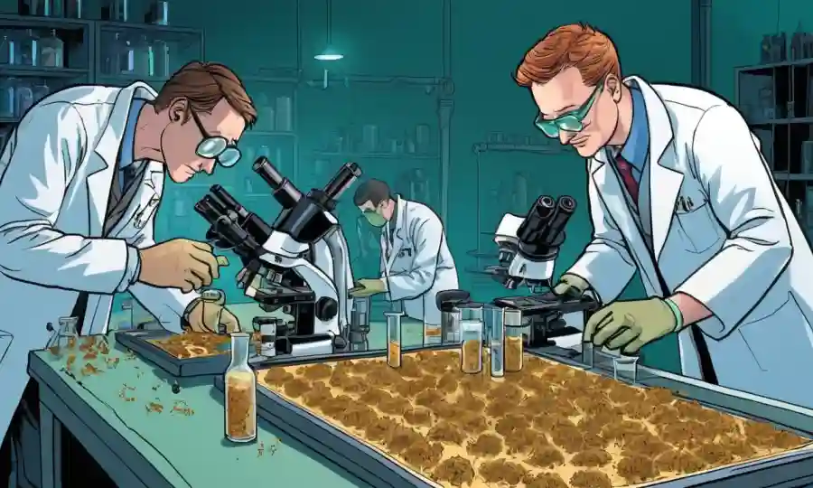 Científicos en capas de laboratorio que examinan muestras de biomasa fúngica bajo microscopios.