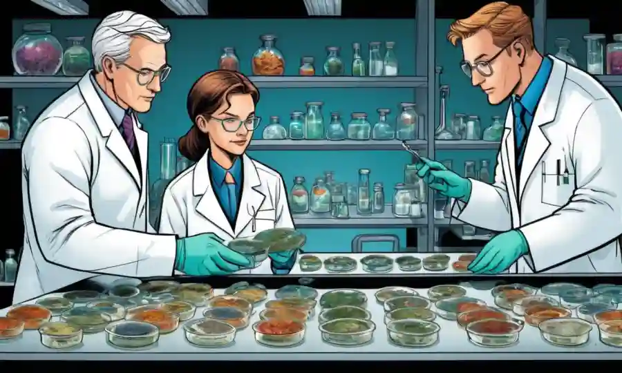 Investigadores científicos en abrigos blancos examinando diversas culturas hongos en platos petri.