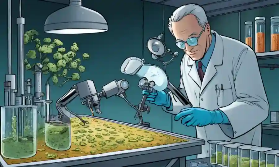 Scientist midiendo muestras de hongos en un entorno de laboratorio con equipos especializados.