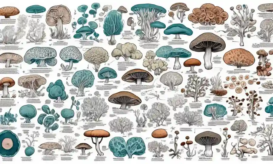 Imágenes microscopio de cultivos de hongos junto a diagramas de flujo e ilustraciones del proceso de producción antibiótico.