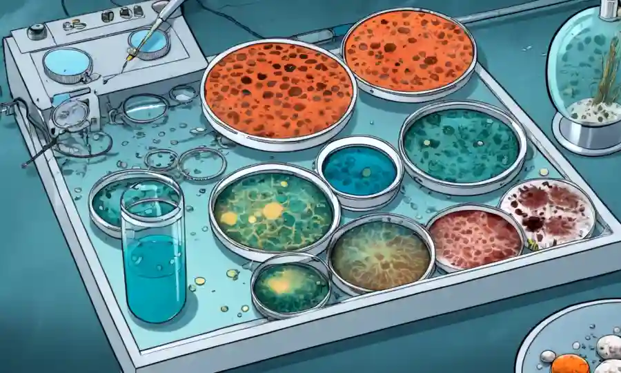 Un plato petri con culturas fungosas y equipos de laboratorio en el fondo.