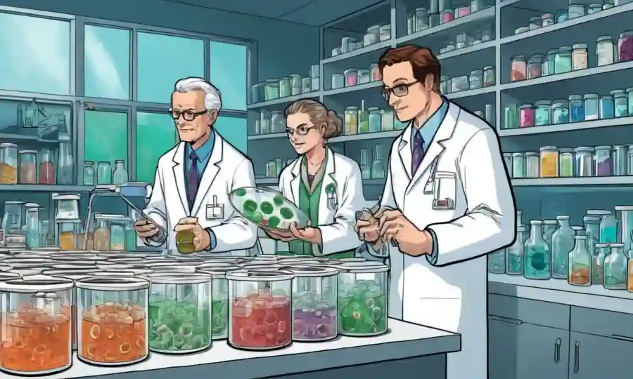 Científicos en un laboratorio rodeados de platos Petri y culturas fúngicas.